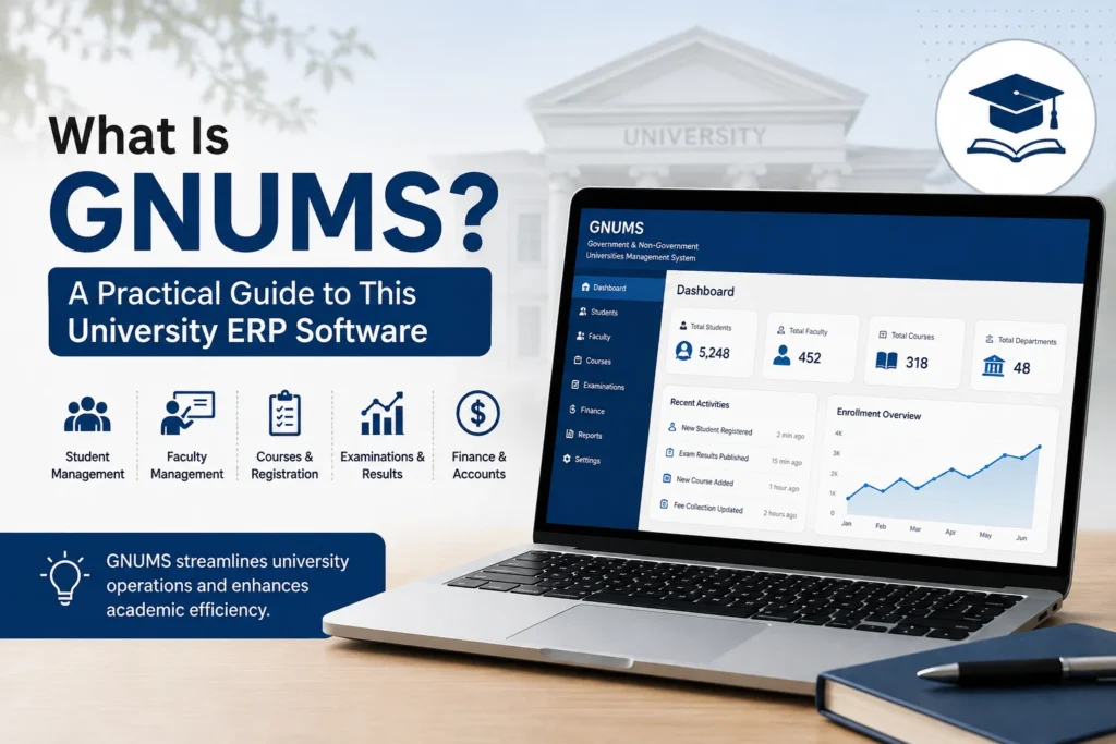 GNUMS university ERP software dashboard for managing students, faculty, courses, exams, and finance