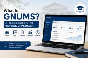 GNUMS university ERP software dashboard for managing students, faculty, courses, exams, and finance