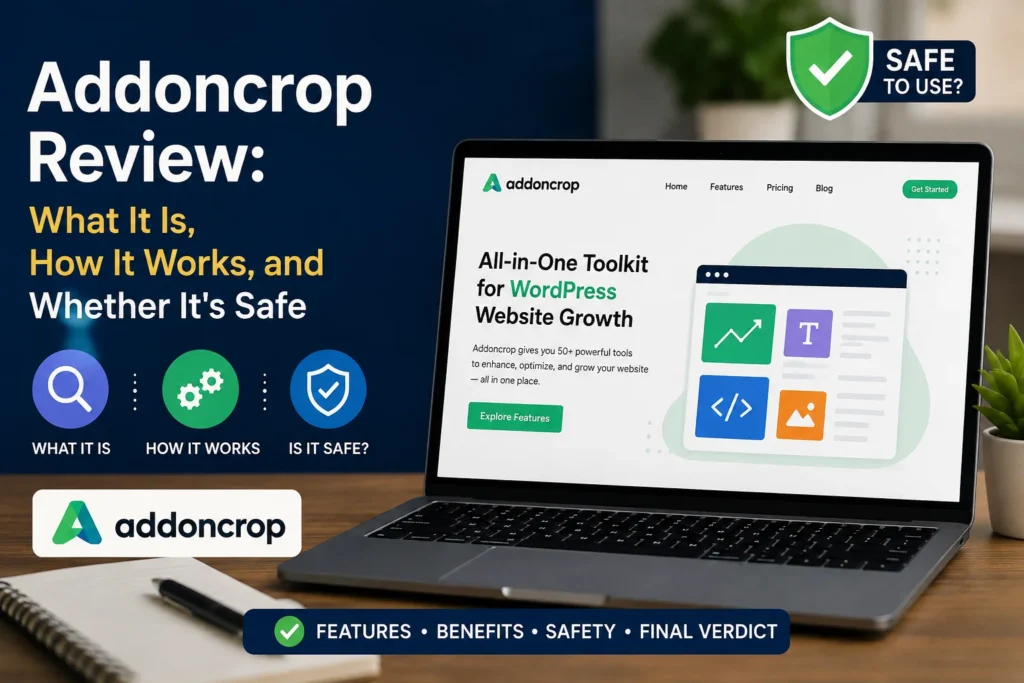 Addoncrop review showing its features, functionality, and safety overview on a laptop screen.