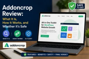 Addoncrop review showing its features, functionality, and safety overview on a laptop screen.