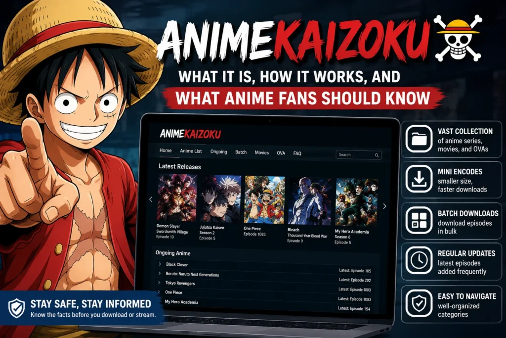AnimeKaizoku anime platform guide showing its features, anime collection, mini encodes, and download options