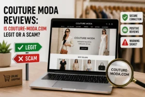 Couture Moda Reviews showing an online fashion store being checked for legitimacy, with scam warning and secure shopping indicators.