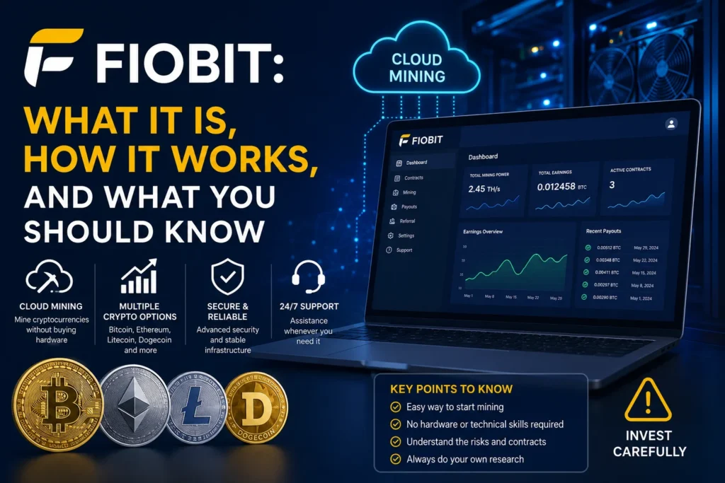Fiobit cloud mining platform dashboard with cryptocurrency mining features
