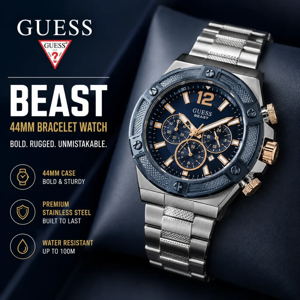 GUESS Beast 44mm Bracelet Watch with stainless steel bracelet and bold chronograph dial