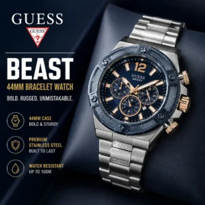 GUESS Beast 44mm Bracelet Watch with stainless steel bracelet and bold chronograph dial