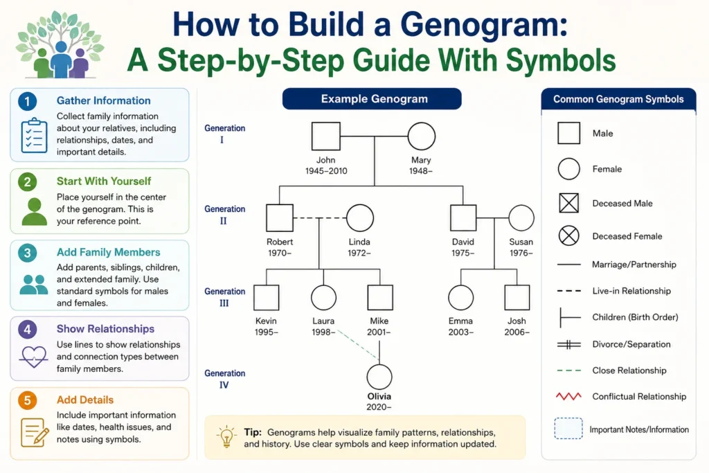 Genogram Builder showing a step-by-step family genogram with standard symbols and relationship connections.