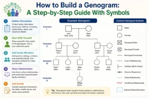 Genogram Builder showing a step-by-step family genogram with standard symbols and relationship connections.