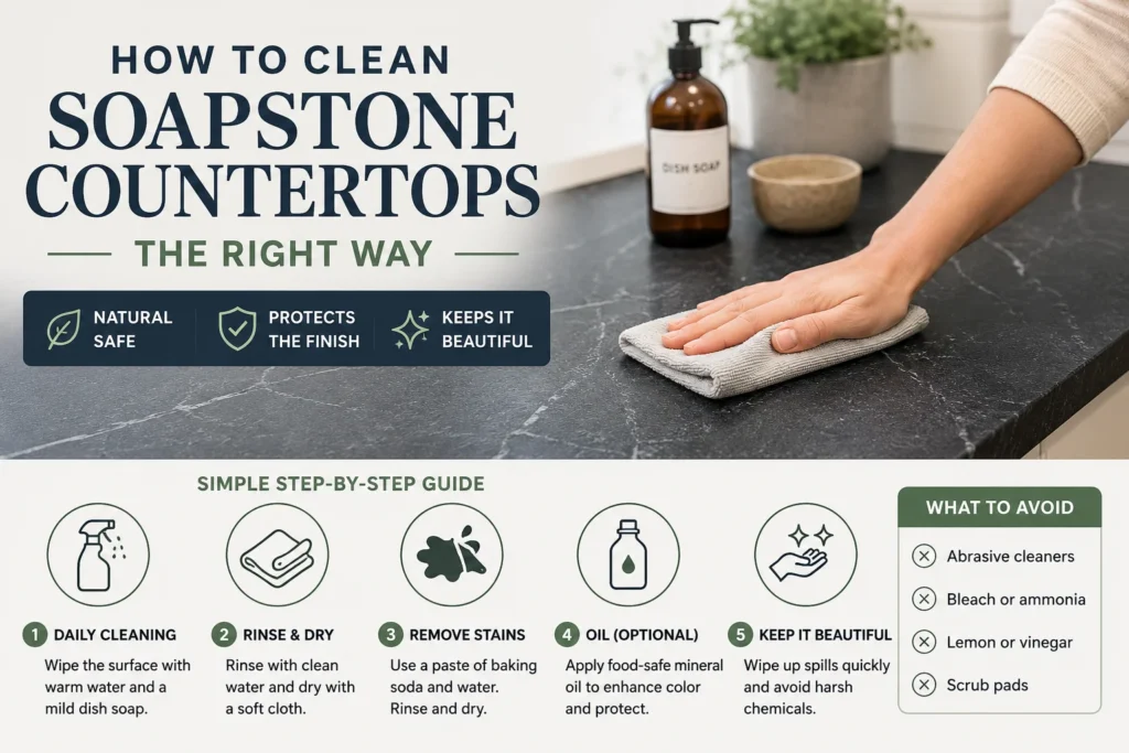 How to Clean Soapstone Countertops safely with mild soap, water, and a soft cloth