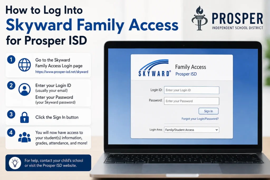 Skyward Prosper ISD Family Access login guide showing how to sign in and access student information.