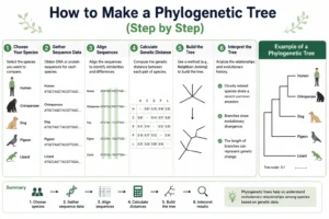 Phylogenetic Tree Maker infographic showing step-by-step instructions for creating an evolutionary tree using species data, sequence alignment, and branch analysis.