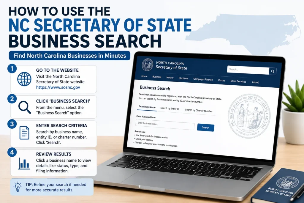 Secretary of State NC Business Search for finding North Carolina business entities