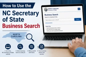 NC Secretary of State Business Search tutorial showing how to search for North Carolina business entities