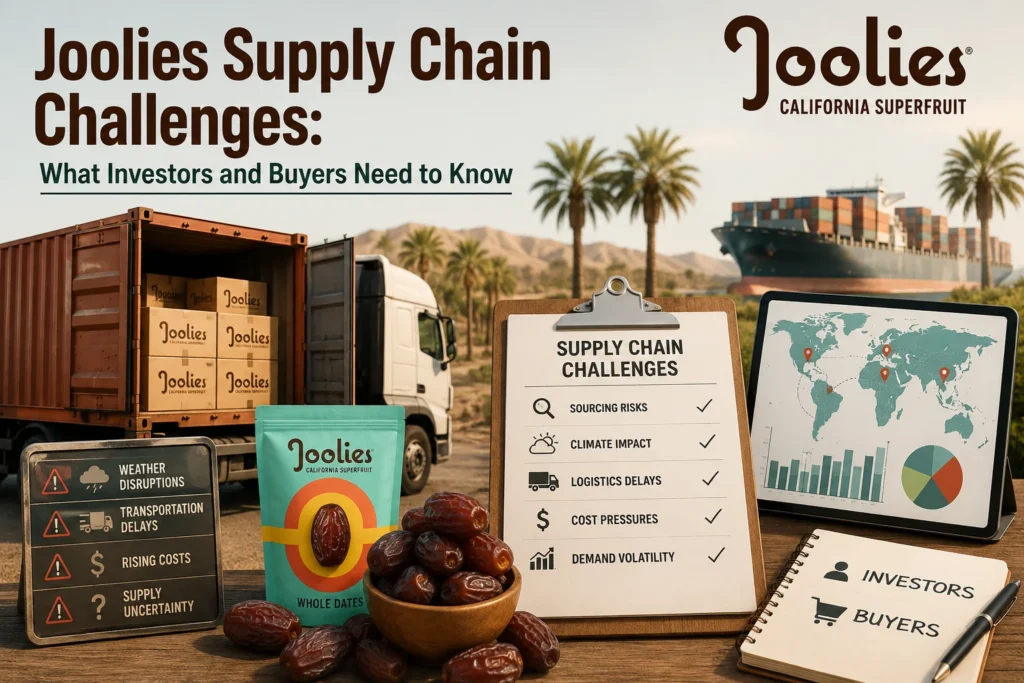 Joolies.com supply chain challenges affecting date sourcing, logistics, costs, and product availability