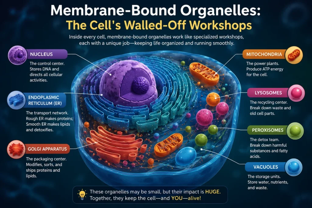 Diagram of membrane bound organelles inside a eukaryotic cell, including the nucleus, mitochondria, and Golgi apparatu