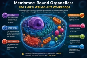 Diagram of membrane bound organelles inside a eukaryotic cell, including the nucleus, mitochondria, and Golgi apparatu