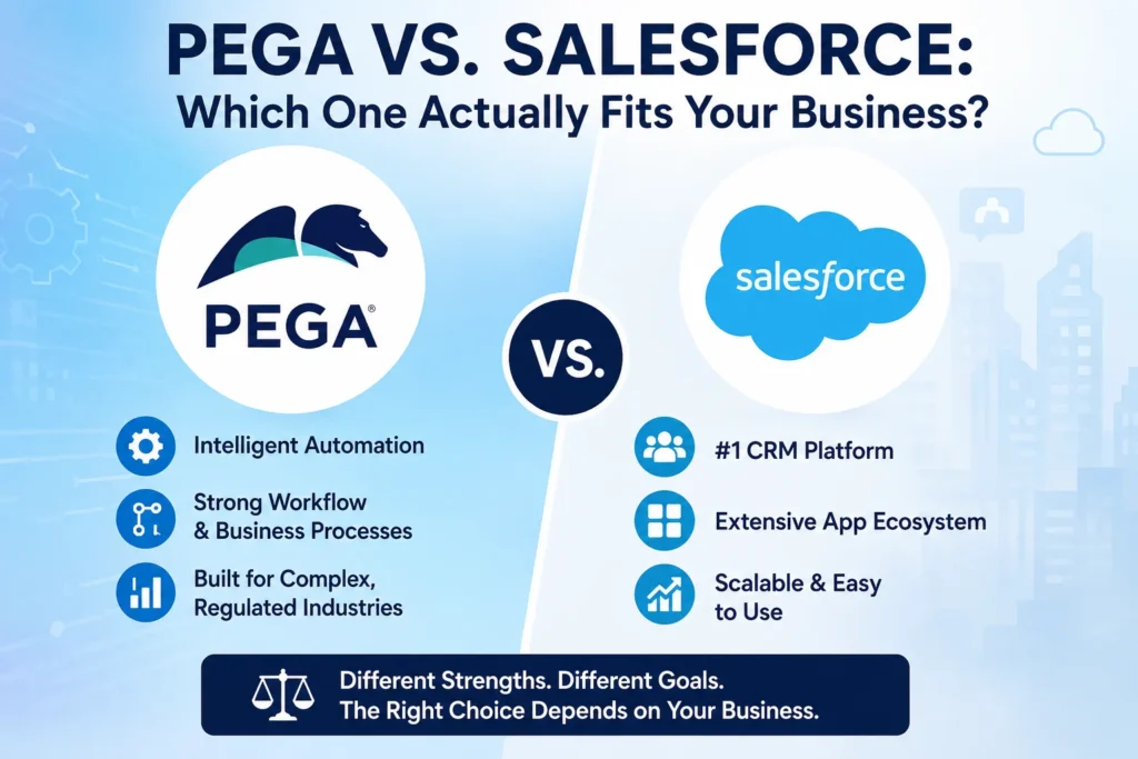 Pega vs. Salesforce comparison showing key features and business use cases