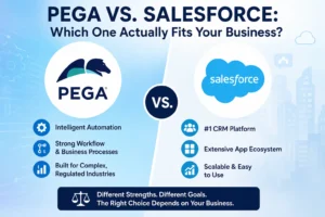 Pega vs. Salesforce comparison showing key features and business use cases