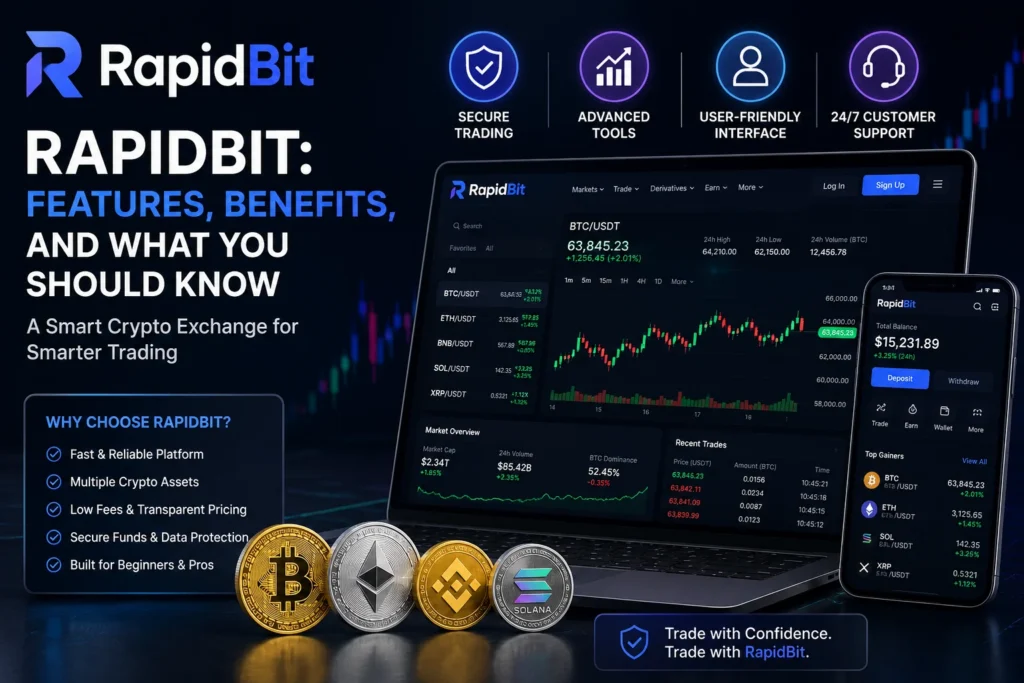 RapidBit crypto exchange platform featuring cryptocurrency trading tools, market charts, and digital asset management