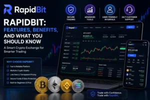 RapidBit crypto exchange platform featuring cryptocurrency trading tools, market charts, and digital asset management