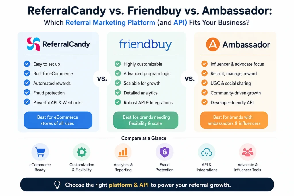 Referral Marketing Platform API comparison showing ReferralCandy, Friendbuy, and Ambassador