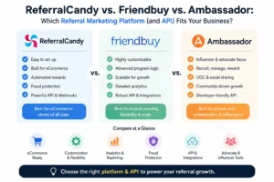 Referral Marketing Platform API comparison showing ReferralCandy, Friendbuy, and Ambassador
