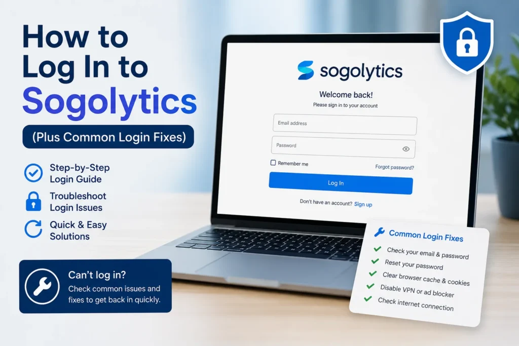 Sogolytics Login page showing the sign-in process and common login troubleshooting tips.