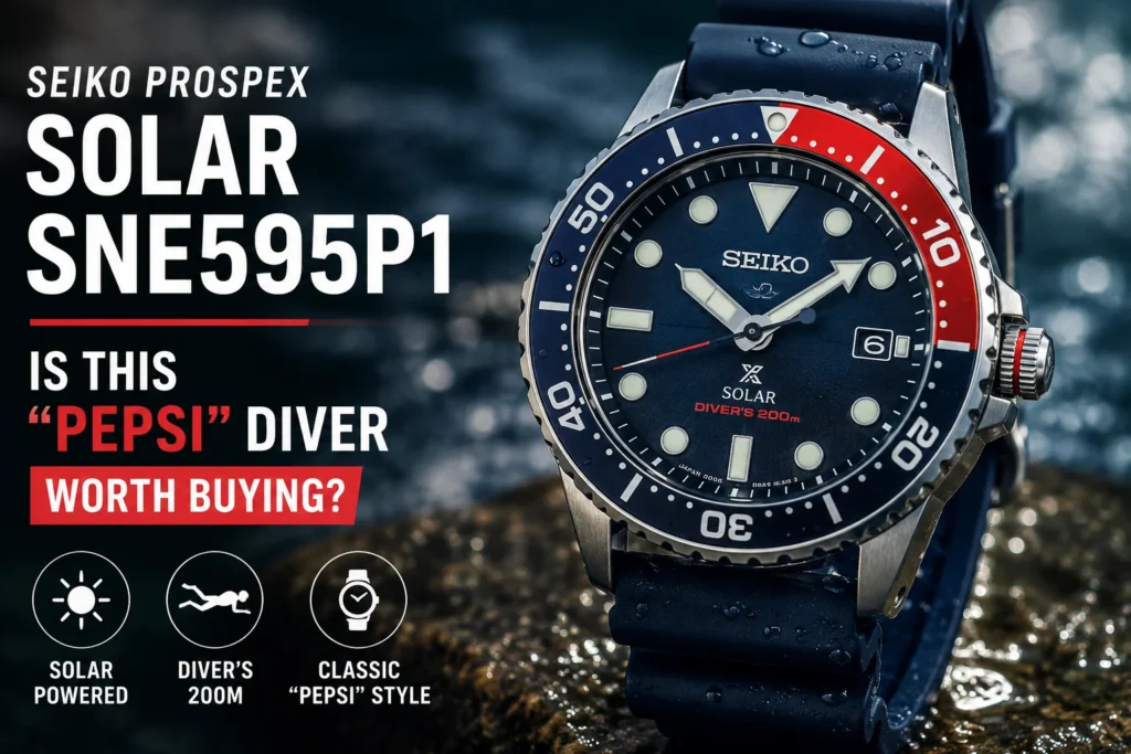 Seiko Prospex Solar SNE595P1 professional dive watch with solar-powered design