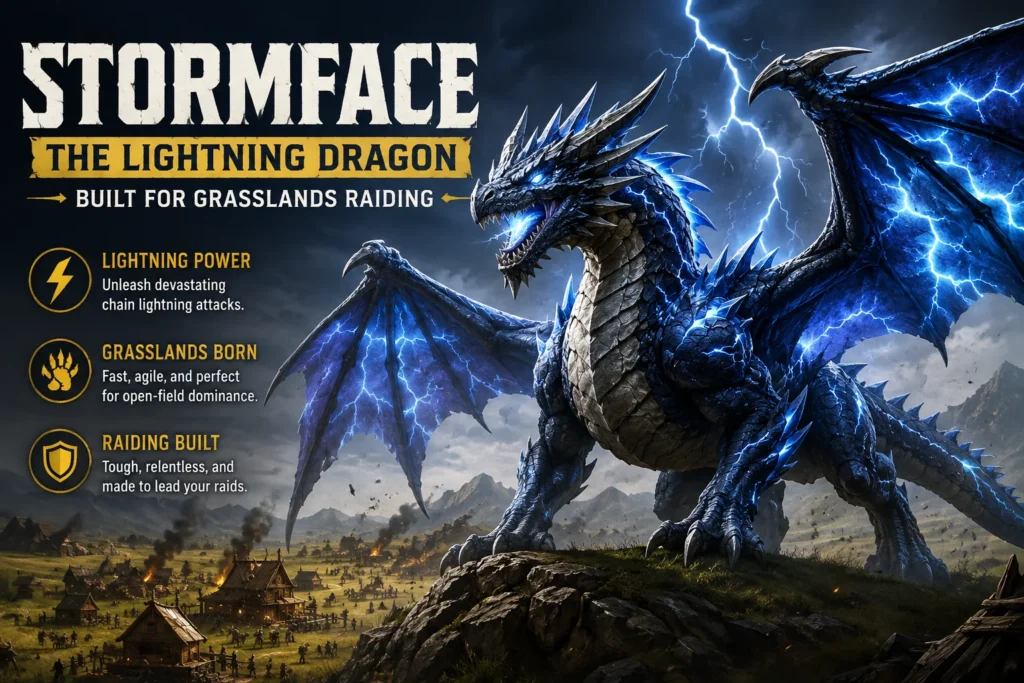 Stormface lightning dragon raiding across the grasslands