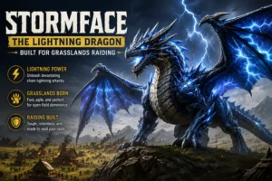 Stormface lightning dragon raiding across the grasslands