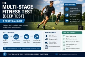 Multi Stage Fitness Test Beep Test with runners completing a timed shuttle run on a marked fitness field.