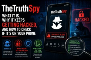 TheTruthSpy monitoring app and smartphone security warning showing how to check if TheTruthSpy is on your phone
