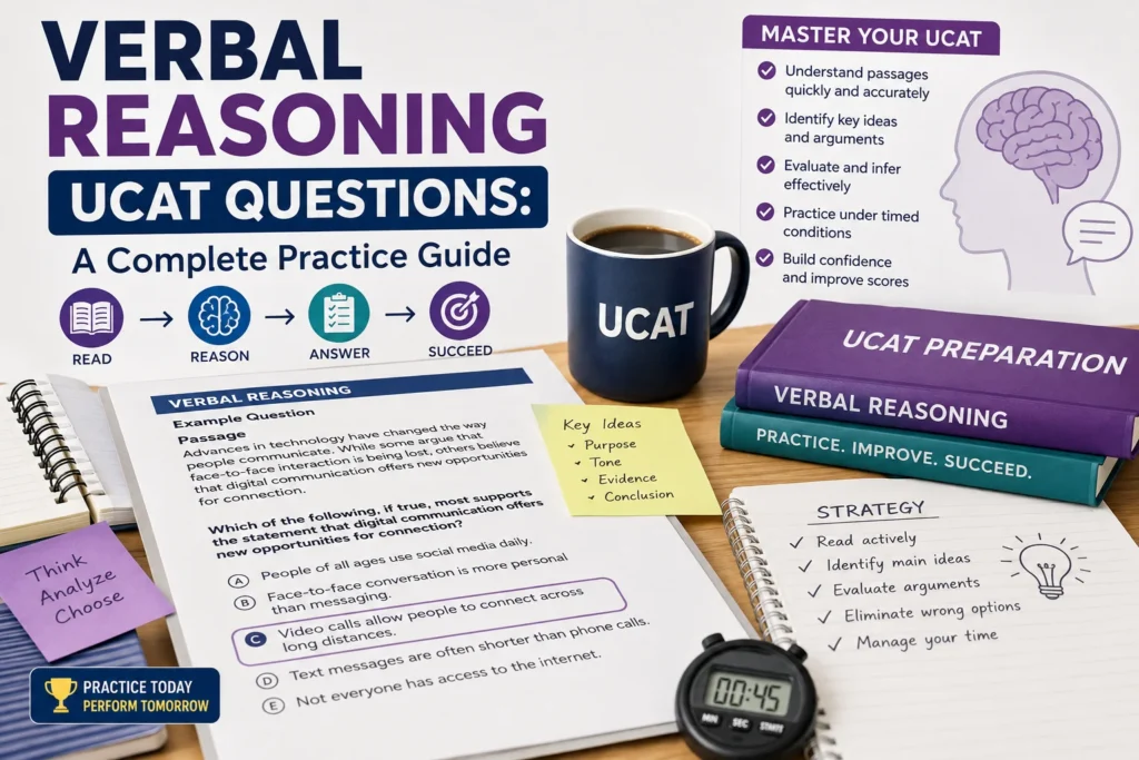Verbal reasoning UCAT questions worked example showing a passage and True, False, Can't Tell answer choices