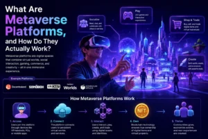 Metaverse Platforms showcasing immersive virtual worlds, digital avatars, and interactive 3D environments
