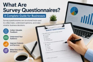 What Are Survey Questionnaires showing a business survey form, customer feedback, and data analysis on a laptop.