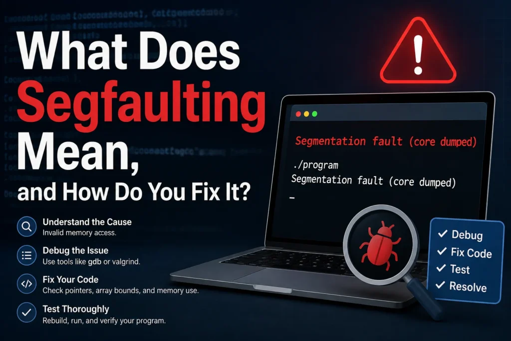 Segfaulting error showing a segmentation fault message and debugging steps on a computer screen.