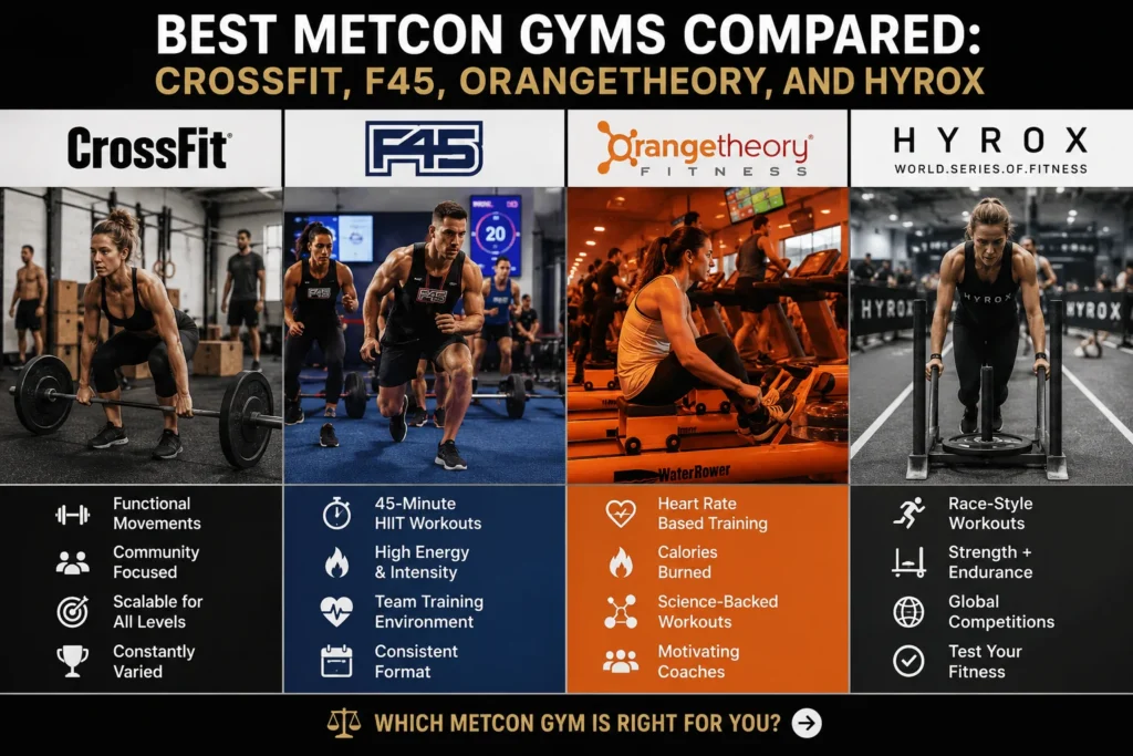 Best MetCon Gym comparison featuring CrossFit, F45, Orangetheory, and HYROX