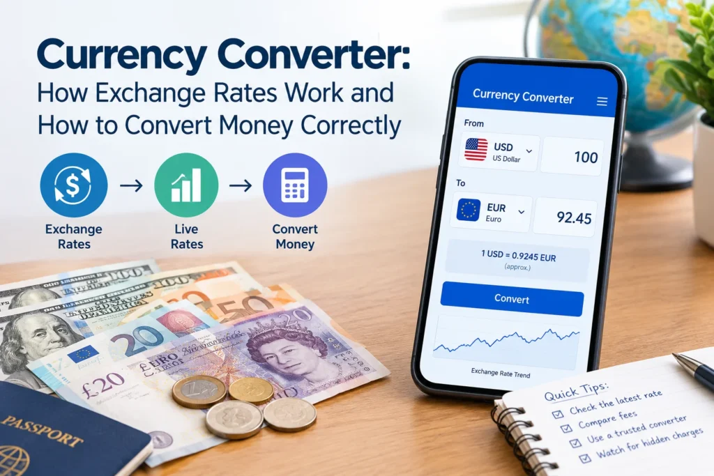 Currency converter showing exchange rates and money conversion between currencies