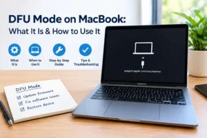 DFU mode MacBook showing recovery screen and steps for restoring or troubleshooting a MacBook
