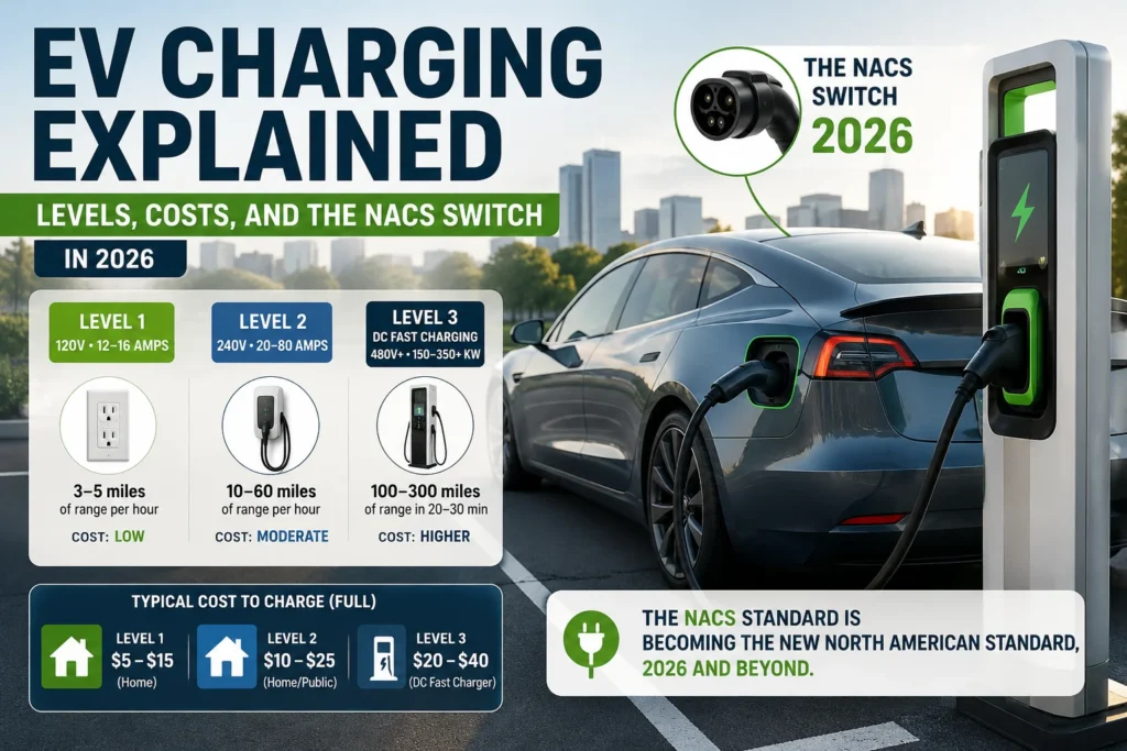 EV Charging News covering charging levels, costs, and the NACS switch in 2026