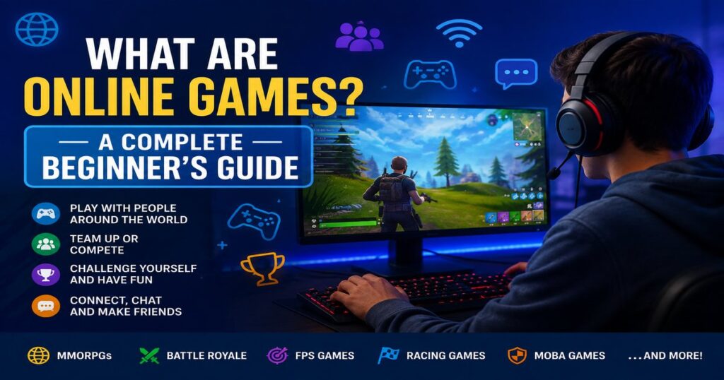 Online Games beginner’s guide showing a gamer playing multiplayer games
