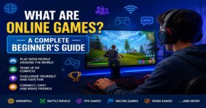 Online Games beginner’s guide showing a gamer playing multiplayer games
