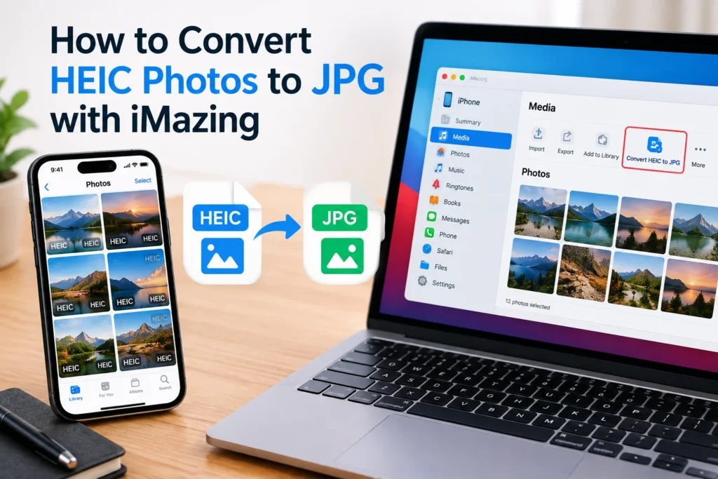 iMazing HEIC convert guide showing how to convert HEIC photos to JPG on a Mac
