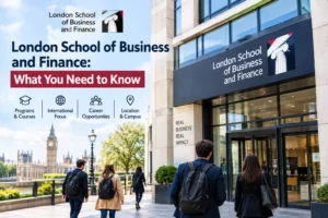 London School of Business and Finance campus and students in London