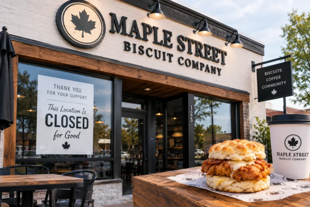 Maple Street Biscuit Company closes for good with a closure sign outside the restaurant