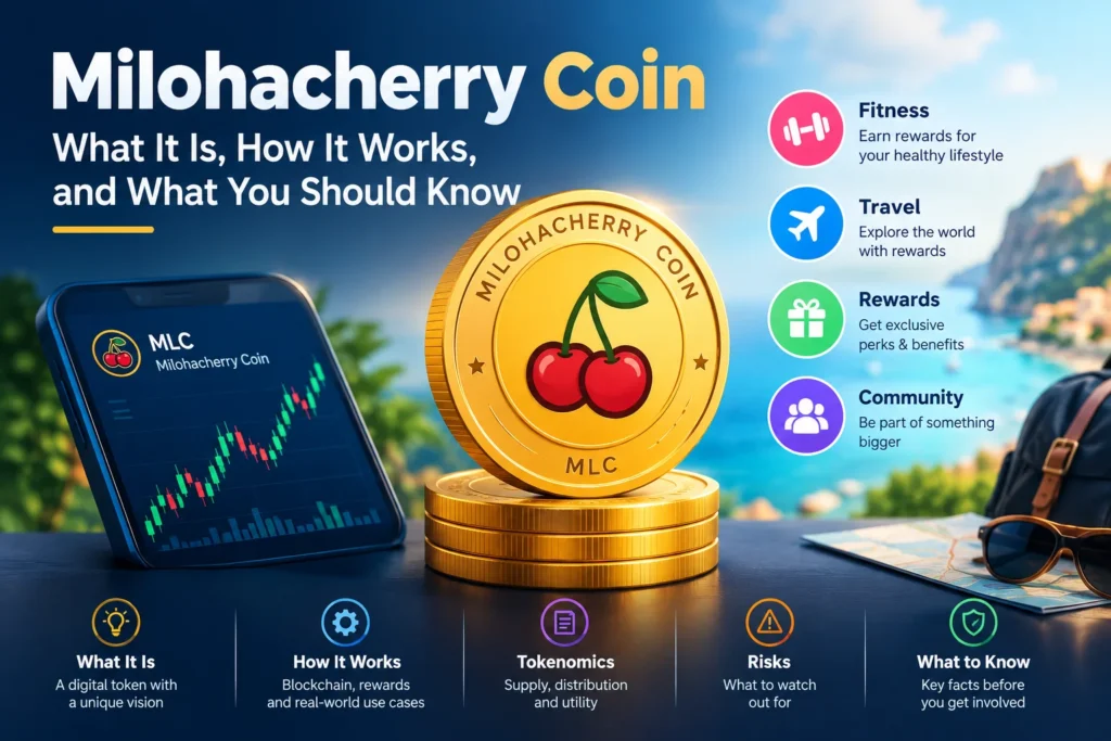 Milohacherry Coin with MLC token, crypto chart, and digital currency concept