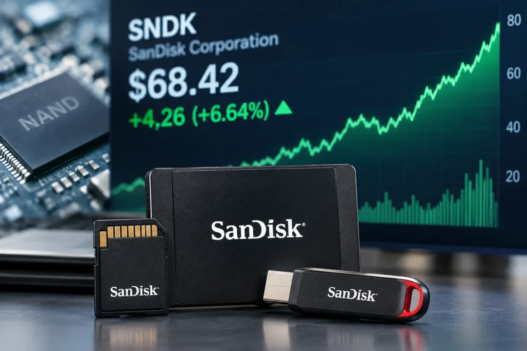 SNDK stock price in 2026 showing SanDisk's rising market value and bullish stock chart