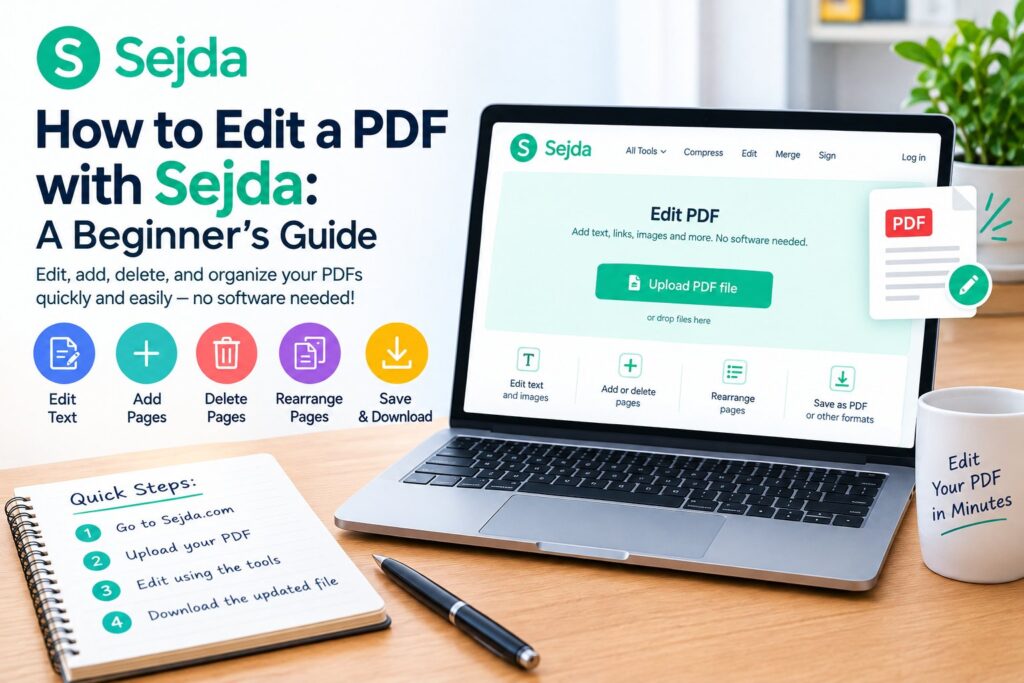 Sejda PDF editor showing tools to edit, add, delete, and rearrange PDF pages