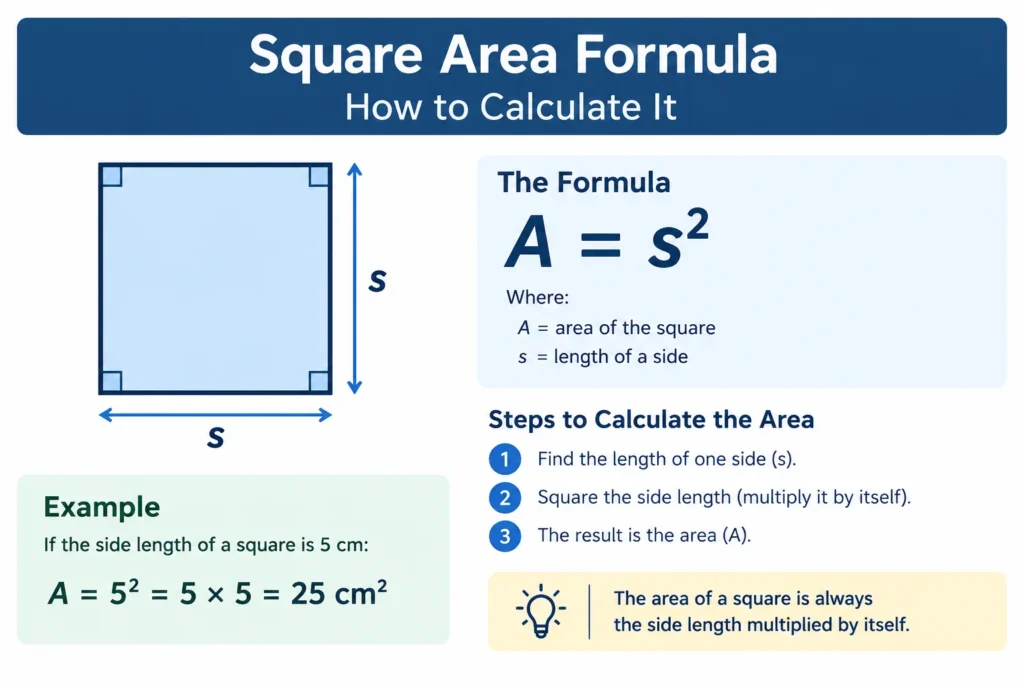 Square area formula showing how to calculate the area of a square using side length
