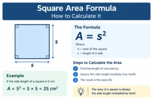 Square area formula showing how to calculate the area of a square using side length