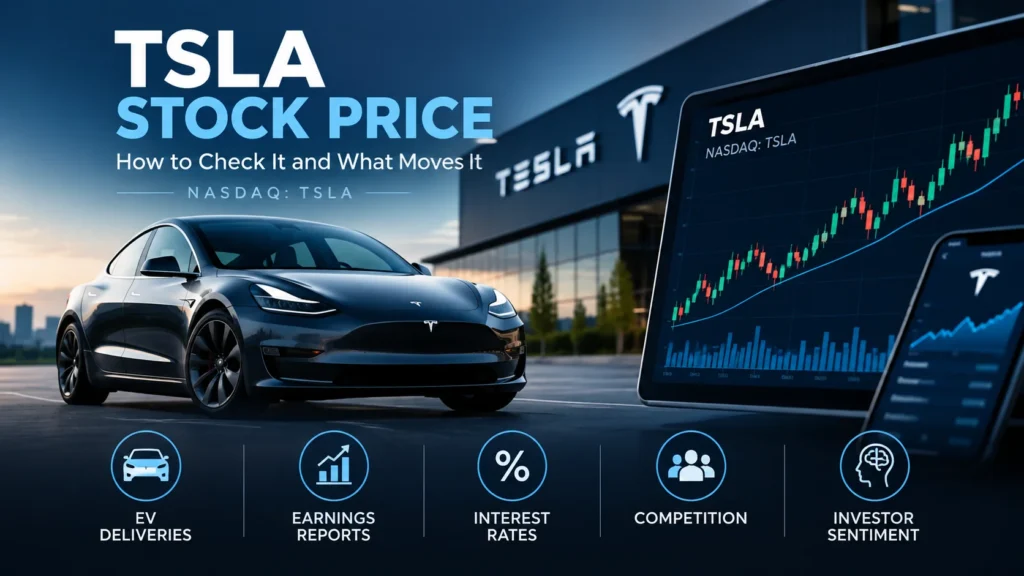 TSLA stock price chart showing Tesla shares, market trends, and key factors affecting stock movements
